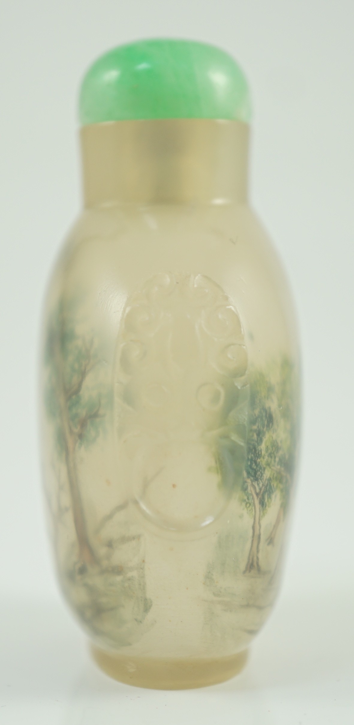 A Chinese inside painted agate ‘landscape’ snuff bottle, signed Liu Shouben, c.1965-70, 5.8cm high, jadeite stopper